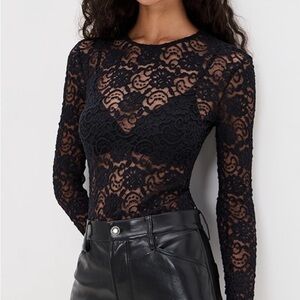 Farm Rio Black Lace Long Sleeve Top romantic bohemian edgy  M. NWT